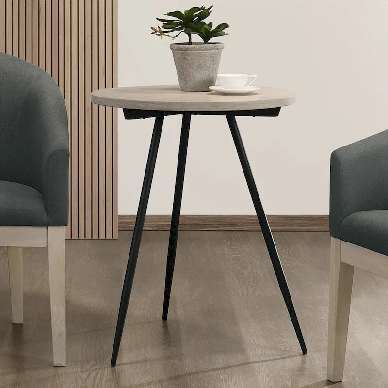 Table d'appoint ronde avec piètement en métal, coloris chêne blanc et noir.