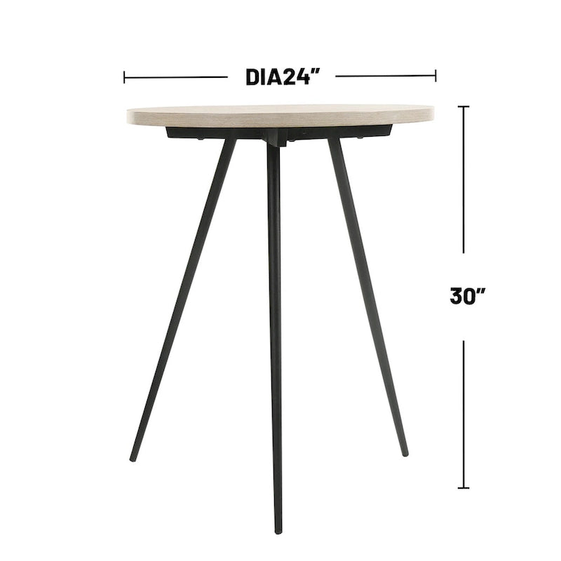 Table d'appoint ronde avec piètement en métal, coloris chêne blanc et noir.