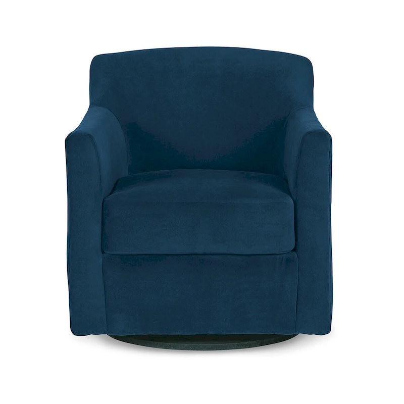 Fauteuil pivotant Leena, velours bleu, accoudoirs enveloppants, bois noir