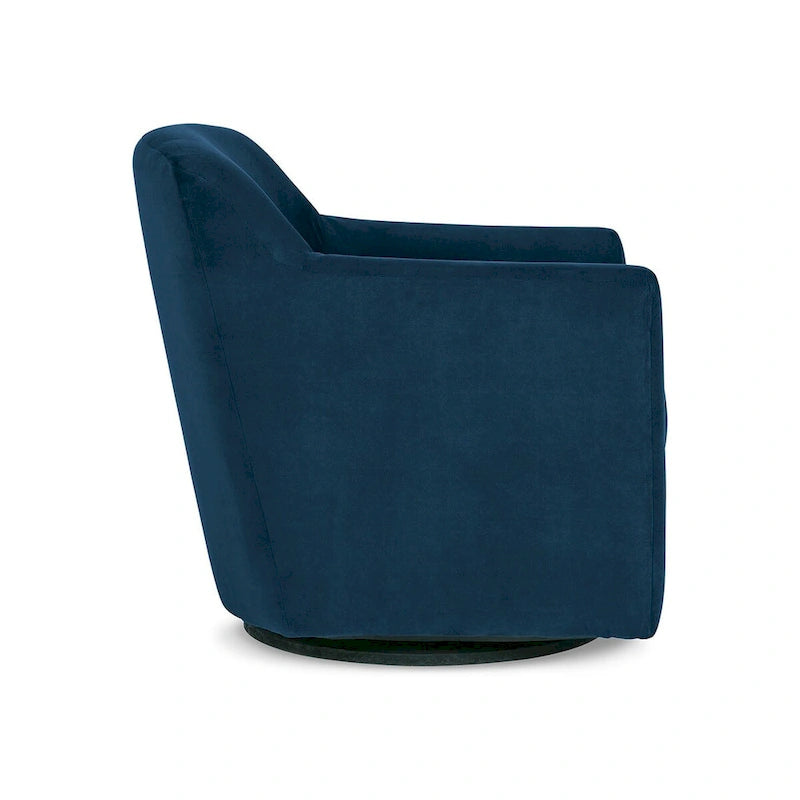Fauteuil pivotant Leena, velours bleu, accoudoirs enveloppants, bois noir