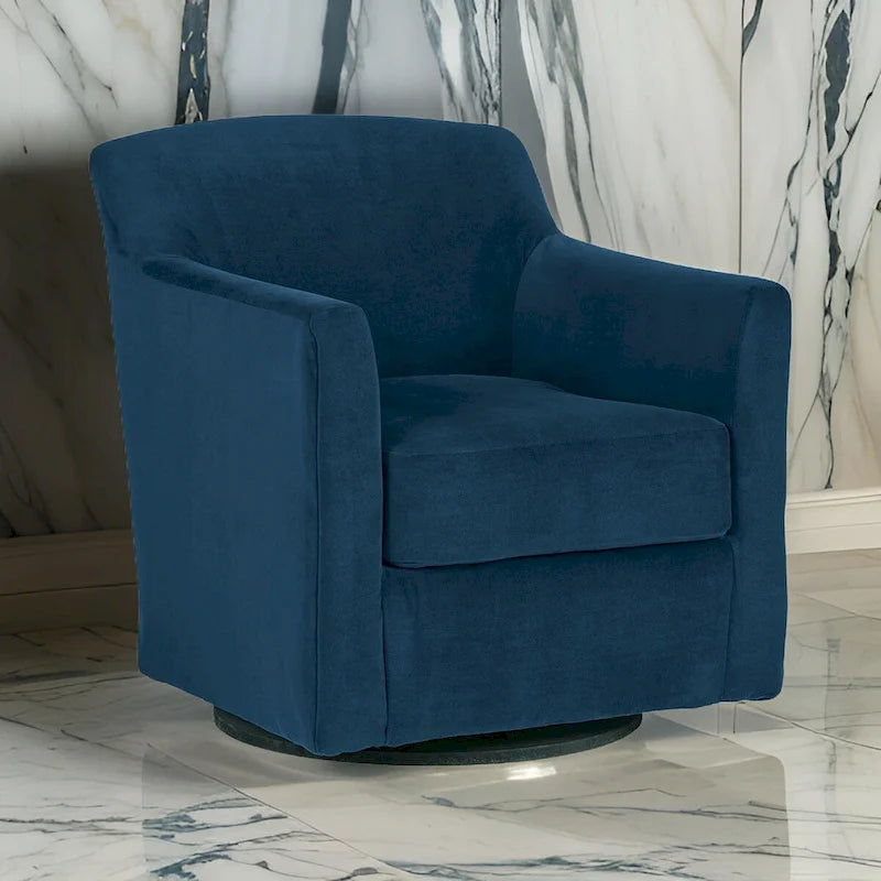 Fauteuil pivotant Leena, velours bleu, accoudoirs enveloppants, bois noir