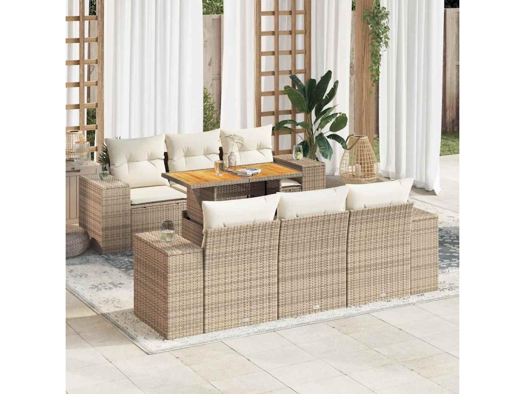 Ensemble de mobilier de jardin 7 pièces en résine tressée beige