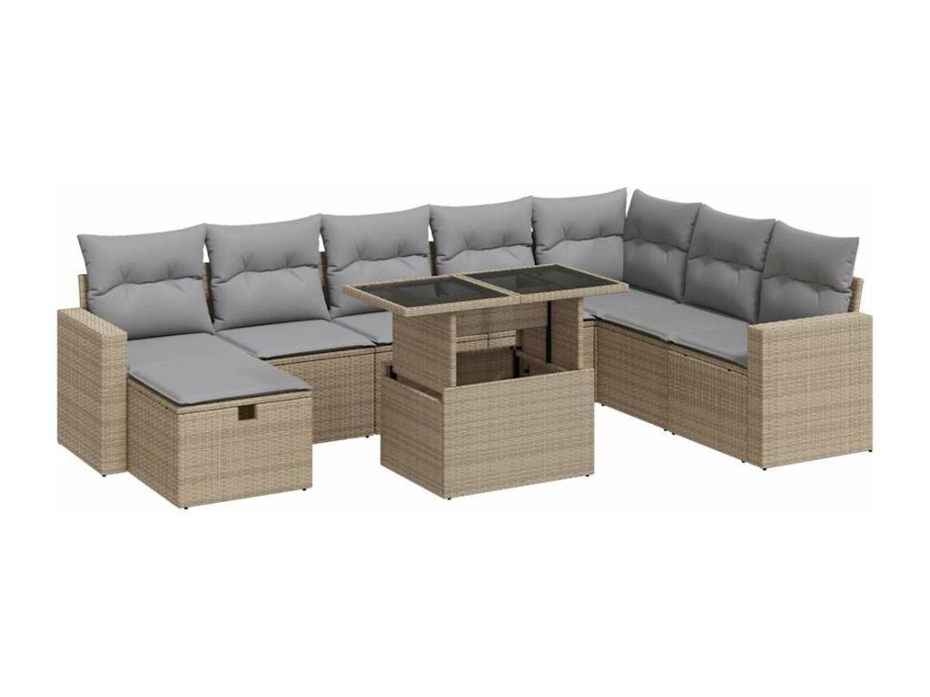 Ensemble de mobilier de jardin 9 pièces en résine tressée beige